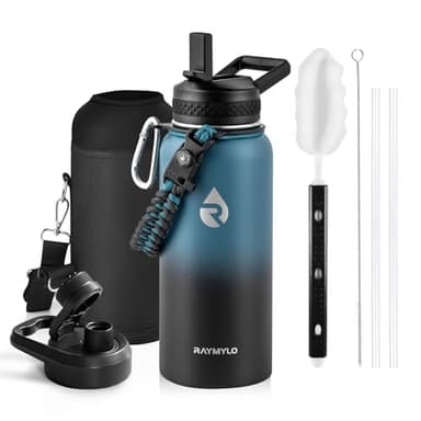 RAYMYLO Insulated Water Bottle 32 oz, Triple Wall Vacuum Stainless Steel (Cold for 48 Hrs, Hot for 24Hrs), Leak Proof & Non-BPA, 32oz Hydro Water Flask with Paracord Handle & Straw Spout Lids