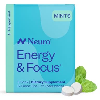 Neuro Energy & Focus Mints - Sugar Free Breath Mints with 40mg Natural Caffeine, B Vitamins & L-Theanine - Vegan Brain Supplement for Exercise, Study & Daily Focus - Peppermint, 72 ct