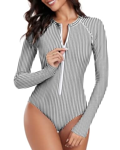 Century Star Long Sleeve Swimsuits for Women 2025 Rash Guard UPF 50+ One Piece Surfing Modest Full Coverage Zipper High Neck Cute Athletic Bathing Suit Swimwear White Black Striped 4-6