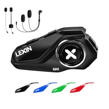 LEXIN G1 Motorcycle Bluetooth Headset, Helmet Speakers with 2 Type Mics, Hands-Free Call/Music/GPS, IP67 Waterproof Motorcycle Headphones with HD Stereo Loud Sound, 4 Color Faceplates, Single Use
