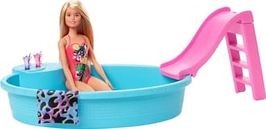 Barbie Doll & Pool Playset with Pink Slide, Beverage Accessories & Towel, Blonde Fashion Doll in Tropical Swimsuit