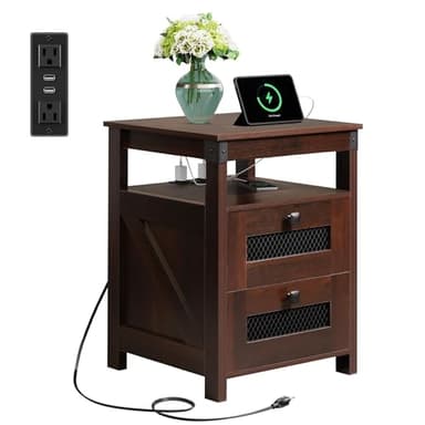 WLIVE Nightstand with Charging Station, Farmhouse End Table, Bed Side Table with 2 Storage Drawers and Open Shelf, Wood Rustic Nightstands for Bedroom, Espresso