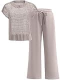 ANRABESS Women Two Piece Outfits Crochet Sheer Knit Sweater Top Wide Leg Pants Lounge Matching Sets Sweatsuit Travel Clothes light khaki Small