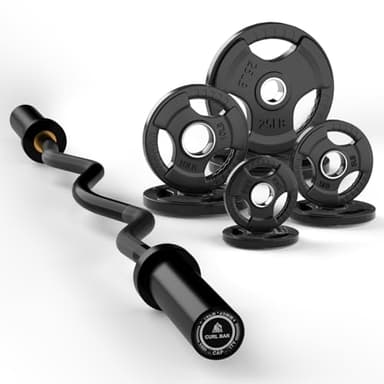 LIONSCOOL 25mm Grip Black EZ Curl Bar with 85lb Rubber Coated Grip Plate Set (Barbell Clamps Not Included)