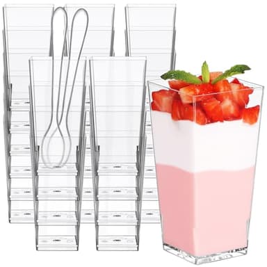 Eupako 3 oz Plastic Dessert Shooter Cups with Spoons, 50 PCS Mini Clear Square Plastic Tumbler Cups, Small Dessert Cup for Jello Shots, Appetizers, Puddings, Mousse, Parfait