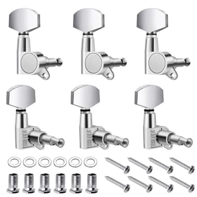 Flexzion Acoustic Guitar Tuning Pegs - 3x3 Chrome Finish Acoustic and Electric Guitar Tuner Pegs - 6 Pieces Locking Keys String Tuner Machine Heads Knobs Replacement, Silver