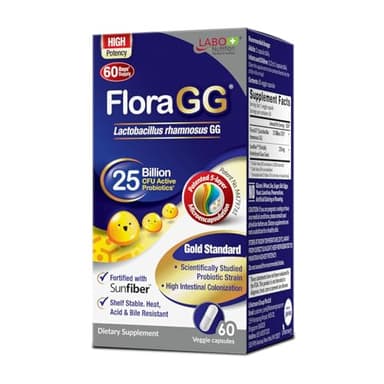 LABO Nutrition FloraGG Lactobacillus Rhamnosus LGG 25 Billion CFU Daily (LGG Probiotic with Sunfiber) 5-Layer Microencapsulated L. Rhamnosus Supplement | Digestion & Immune Support | 60 Capsules