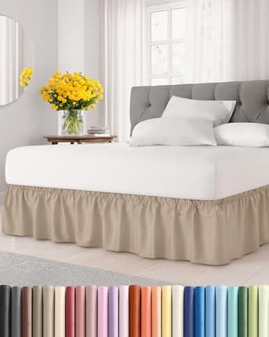 Wrap Around Dust Ruffle Bed Skirt - Cream - for Queen Size Beds with 15 in. Drop – Easy Fit Elastic Strap - Pleated Bedskirt with Brushed Fabric - Wrinkle Free, Machine Wash - by CGK Linens