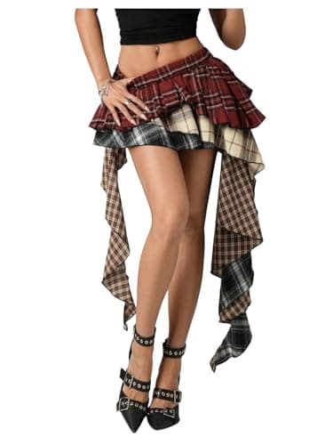 SOLY HUX Women's Plaid Ruffle Mini Skirt Y2k A Line Layered Asymmetrical Hem Skirts with Shorts Underneath Multicoloured Plaid Large
