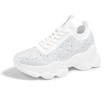 LUCKY STEP Women's Rhinestone Mesh Slip On Fashion Sneaker Sparkle Bling Shiny Chunky Rave Walking Shoes(White Rhinestone,8 B(M) US)