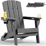 SUUNYN Folding Adirondack Chair, HDPE All-Weather Fire Pit Chairs, Plastic Adirondack Chairs with 2 Cup Holder, Outdoor Lawn Chair for Patio Garden (Grey)