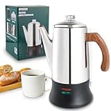 APOXCON Electric Coffee Percolator Stainless Steel Coffee Maker with Heat Resistant Tough Glass Knob and Treated Solid Wood Handle Cordless Serving Auto Keep Warm Coffee Pot with On/OFF Switch (8 Cup)
