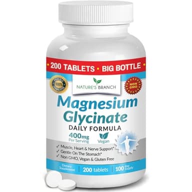Magnesium Glycinate 400mg | 200 Tablets | High Absorption Mag Supplements for Sleep, Leg Cramps, Heart, Muscle, Calm | Non Buffered Bisglycinate, Extra Strength for Women and Men, Tablets Not Capsules