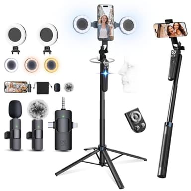 71”Auto Face Tracking Tripod for iPhone with Light, Vlogging Kit with Microphones for iPhone/Android, Phone Camera Tripod Stand with Remote for TikTok, Content Creator Kit for YouTube Starter