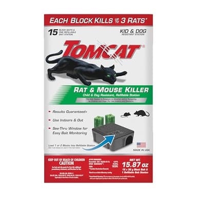 Tomcat Rat & Mouse Killer, Child & Dog Resistant Refillable Station — Tamper-Resistant Indoor/Outdoor Bait Station with Clear Monitoring Window, 1 Station and 15 Bait Blocks