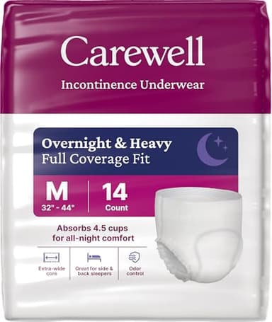 Carewell Premium Overnight Incontinence Pull-Up Underwear, Full Coverage Fit, Medium, Bag of 14