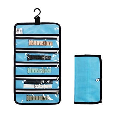 ANIZER Watch Band Storage Roll Holders Hanging Organizer for Watch Band Straps Accessories with 5 Zippered Clear Pockets (Blue)