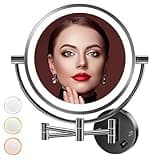 Auxmir Wall Mounted Lighted Makeup Mirror, 8" Double Sided 1X/10X Magnifying Vanity Mirror, 3 Color Lights, Touch Dimmable Bathroom Cosmetic Mirror with 360 Swivel Extendable Arm, Plug-in, Black