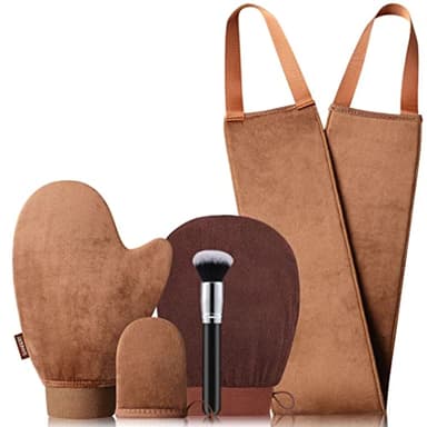 Sanfery 5-Piece Self Tanning Mitt Kit with Self Tanner Back Applicator, Self Tanning Brush, Exfoliating Mitt & Accessories for Flawless Tan