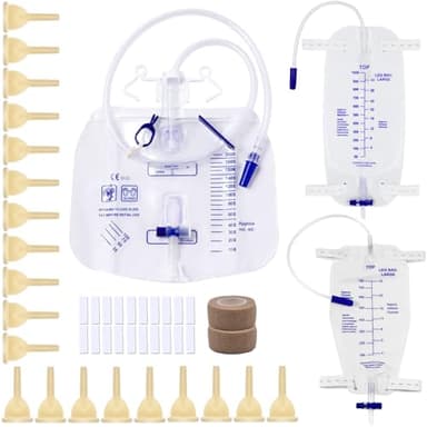 External Male Catheters Kit with 2 Leg Bags 750mL & 1000mL, Overnight 2000mL Urine Bags, 20 Soft Latex, 2 Rolls Tape, Condom Catheters for Men Day and Night Incontinence Care, Dignity & Comfort(25mm)