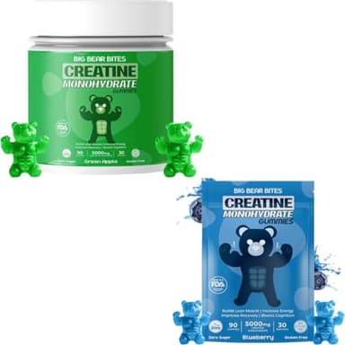 Creatine Monohydrate Gummies Pouch & Bottle Bundle for Men & Women | 5000mg of Creatine Gummie Per Serving | Zero Sugar, Gluten Free & Halal | Pack of 90 | Blueberry & Green Apple Flavour