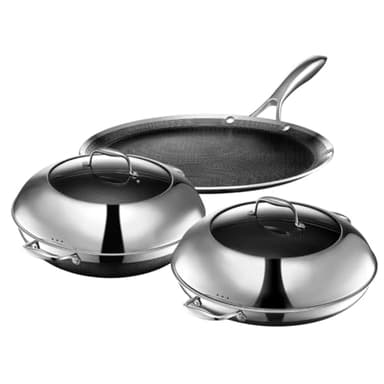 HexClad Hybrid Nonstick 5-Piece Cookware Set, 14" Pan with Lid, 14" Wok with Lid, and 12" Griddle, Stay-Cool Handles, Dishwasher and Oven-Safe, Induction Ready, Compatible with All Cooktops