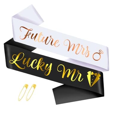 SKJIAYEE Future Mrs & Lucky Mr - Bride to Be & Groom to Be Sash Kit, Gold Glitter Bachelorette & Bachelor Sash for Wedding Bridal Shower Party Decorations Engagement Gifts (White and Black)