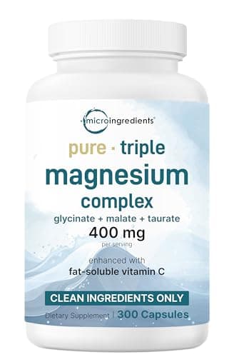 Micro Ingredients Pure Magnesium Complex, 300 Capsules | Triple Magnesium Glycinate, Malate, Taurate with Vitamin C | 100% Chelated | Supports Muscles, Nerves, & Energy | Only Active Ingredients