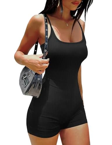 Ekouaer Workout Romper for Women Ribbed Unitard Bodysuit Athletic Jumpsuits Yoga One Piece Bodysuit Black M