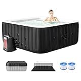4-6 Person Inflatable Hot Tub, Large Square Portable Blow up Hot Tub, Leak-Proof PVC Outdoor Spa with 130 Air Jets, Insulated Cover and Heater Pump, 73” X 73”X 25”