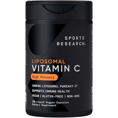 Sports Research® High Potency Liposomal Vitamin C Supplement 1000 mg – Certified Vegan, Non-GMO, Gluten Free | Antioxidant & Immune Support | Ascorbic Acid Vitamin C | 180 Liquid Veggie Capsules