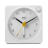 Braun Classic Travel Analogue Alarm Clock with Snooze and Light, Compact Size, Quiet Quartz Movement, Crescendo Beep Alarm in White, Model BC02XW.