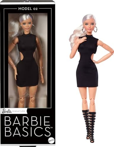 Barbie Basics Model 02 Collector Doll with Blonde Hair, Black Mini Dress & Gladiator Boots, Universal-fit Fashions, Posable Body & Swappable Doll Head