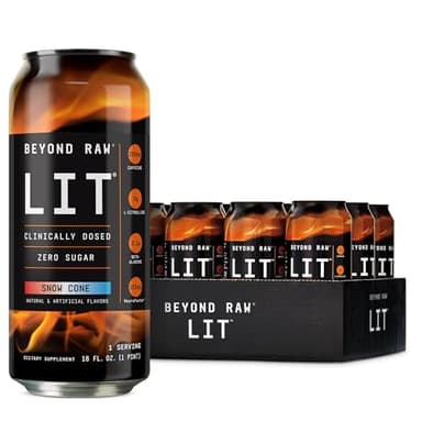Beyond Raw LIT Pre Workout Energy Drinks - Snow Cone, 12 Pack, Contains Caffeine, L-Citruline, Beta-Alanine and Nitrix Oxide
