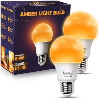 DALUXshop Amber Sleep Light Bulbs, Blue Light Blocking, A19 9W(60 Watt Equivalent) Dim Light Bulbs for Lamp, 1800K Warm Light Bulb, E26 for Healthy Sleep Bedroom Kids Room, 4.30X2.35X2.35 Inch, 2 Pack