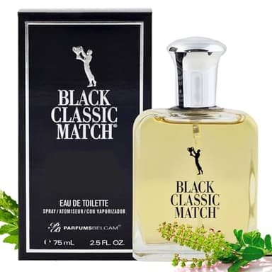 PB ParfumsBelcam Black Classic Match Eau De Toilette Spray for Men – 2.5 Fl. Oz Affordable, Long-Lasting Fresh Woody Fragrance with Leafy Green, Citrus, Sandalwood & Patchouli for Day & Night Use