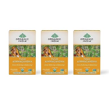 ORGANIC INDIA Calming Tulsi Ashwagandha Herbal Tea - Holy Basil Tea with Ashwagandha Root, Supports Restful Sleep - Adaptogen, Vegan, USDA Certified Organic, Non-GMO - 18 Infusion Bags, 3 Pack