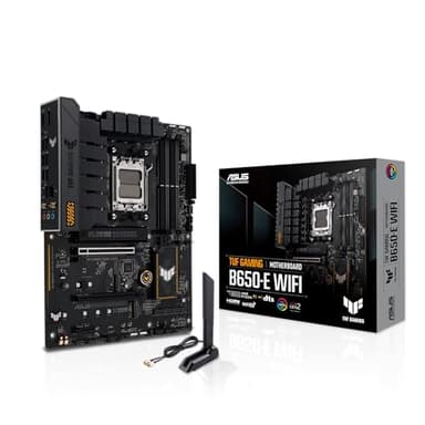 TUF Gaming B650-E WiFi AMD B650 AM5 ATX Motherboard, DDR5, 8+2 teamed Power Stages, PCIe 5.0, a PCIe 5.0 M.2 Slot, Realtek 2.5 Gb Ethernet, Wi-Fi 6E, HDMI, DisplayPort,Fan Xper4 with AI Cooling II