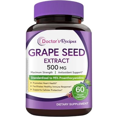 Doctor's Recipes Grape Seed Extract, 500 mg, 70:1 Standardized Extract with 95% Proanthocyanidins, Non-GMO, Antioxidant Support, Heart, Immune & Skin Health, 60 Veg Caps
