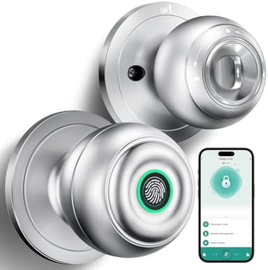 KLLOQUE Fingerprint Door Lock, Smart Fingerprint Door Knob with Lock, Biometric Door Locks with App Control & Key, Keyless Thumbprint Entry Door Locks for Bedroom, Front Door, Home, Apartment-Silver