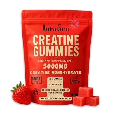 AuraGen Labs Creatine Gummies 5g (5000mg) Sugar-Free, Vegan, Creatine Supplement for Men & Women, 30-Day Supply for Muscle Strength, Recovery & Cognitive Support, Juicy Strawberry