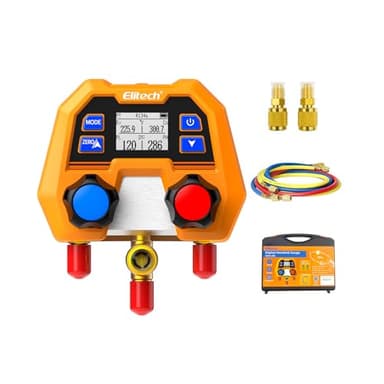 Elitech Digital Manifold Gauge Set for HVAC, Refrigeration & AC Systems, Supports R410A/R454B/R134 etc. Refrigerants, LCD Display, DMG-2SE with 3 Color Hoses & 2 R410A Adapters