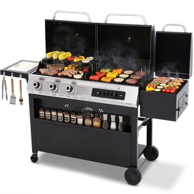 Sophia & William 3-Burner Gas and Charcoal Grill Combo with Offset Smoker - Dual Fuel BBQ Grill, 840 sq. in. Cooking Area, Heavy Duty Propane Barbecue for Outdoor Patio Cooking, Black