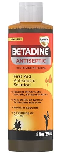 Betadine Antiseptic First Aid Solution, Povidone-Iodine 10%, Infection Protection, Kills Germs in Minor Cuts Scrapes and Burns, No Sting Promise, No Alcohol or Hydrogen Peroxide, 8 FL OZ