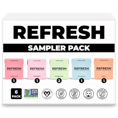 Refresh Gum, Sugar Free, Natural, Xylitol, Long Lasting Chewing Gum, Natural Flavors, Organic Ingredients, Plastic Free, Non GMO, Gluten Free, Vegan (12 Count (Pack of 6), Sampler Pack)
