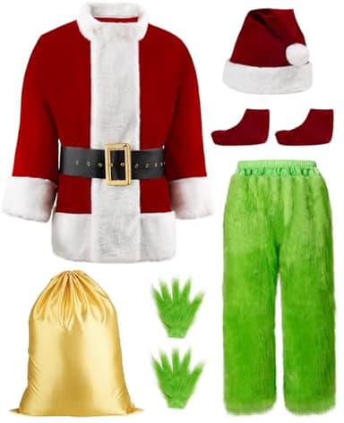 Suroomy Green Christmas Costume Halloween Costumes Adult for Men Santa Costume with Mask 8PCS Deluxe Funny Cosplay Outfit (Including Mask) X-Large