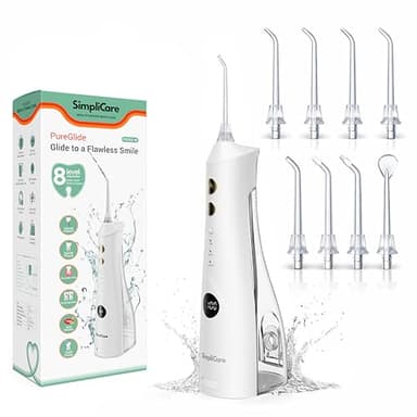 SimpliCare Cordless Water Flosser for Teeth – 10–150 PSI Rechargeable, Adjustable Pressure | 4 Cleaning Modes | 9 oz. Tank | IPX7 Waterproof | 8 Jet Tips for Tongue, Braces, Gums & Implants (F5052W)