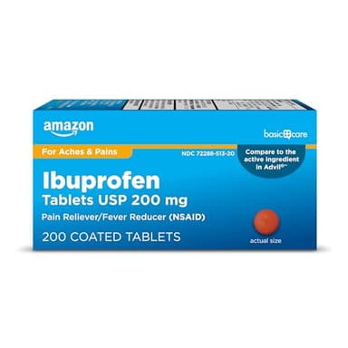Amazon Basic Care Ibuprofen Tablets, Fever Reducer and Pain Relief from Body Aches, Headache, Arthritis Pain and More, Brown 200 Count