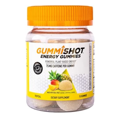 GummiShot Energy Gummies, 1125 mg of Plant-Based Caffeine Chews per Bottle, Long Lasting Energy Boosters, Tropical (15ct)