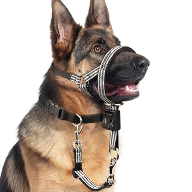 BARKLESS No Pull Dog Head Collar for Gentle Training Walking, Soft Padded Head Halter with Collar Safety Clip, Comfortable Fit Muzzle Leash with Reflective Strap for Medium Large Dog (Grey, L)